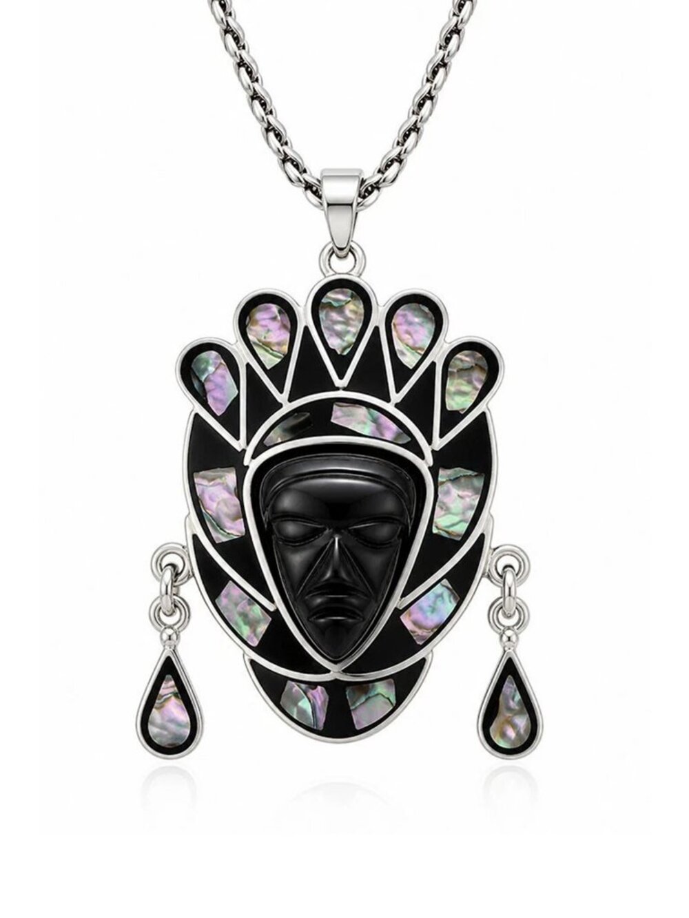 Carved Face Mayan Aztec Mask Pendant Necklace Solid .925 Sterling Silver